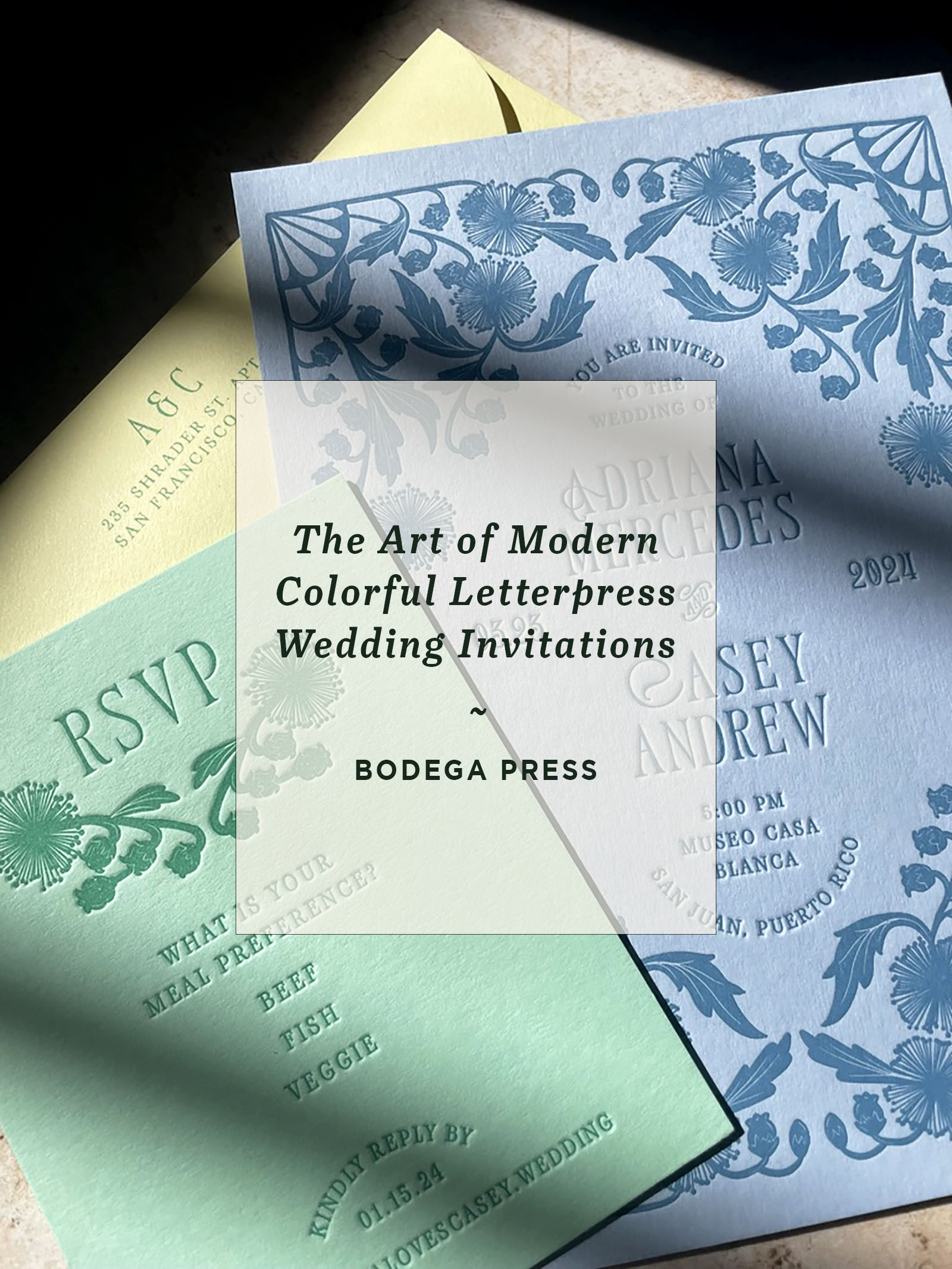 colorful pastel modern letterpress wedding invitations