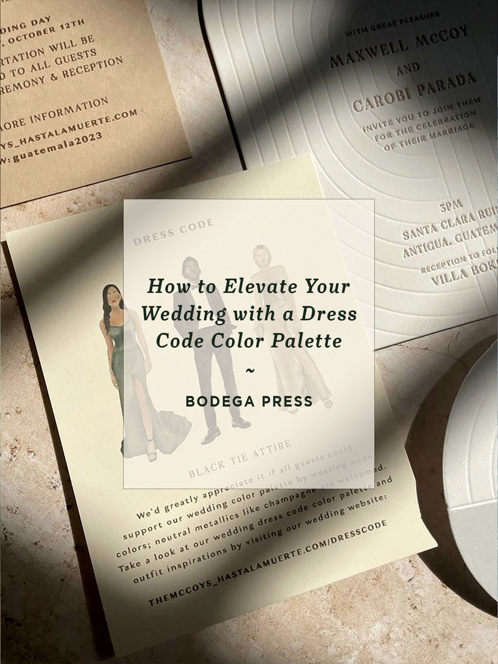 wedding dress code color palette details card with illustration