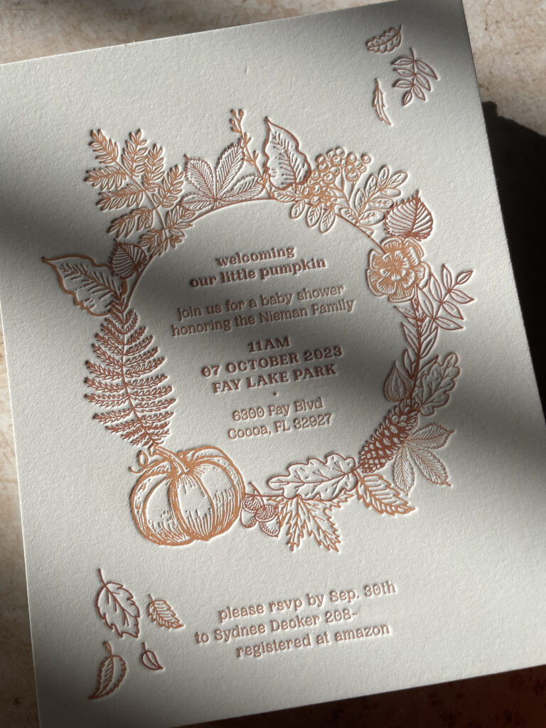 letterpress fall themed baby shower invitation by bodega press