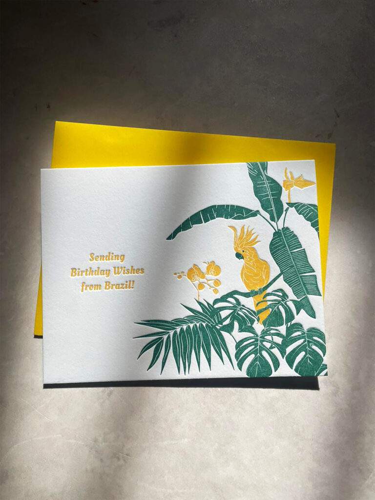 letterpress birthday card from Brazil with tropical birds and leaves to send handwritten card
