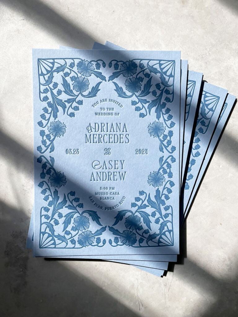 Blue Modern Romantic letterpress wedding invitations by Bodega Press