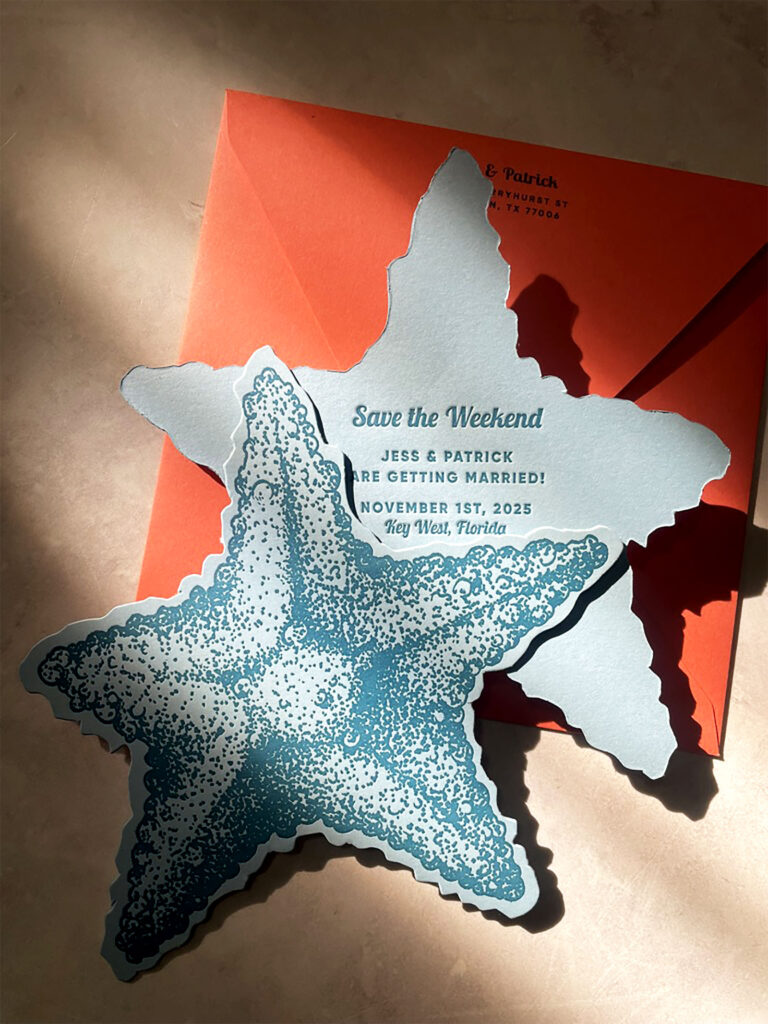 Letterpress colorful starfish save the date by Bodega Press